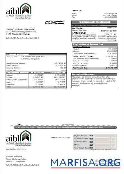Downloadable Bangladesh Al Arafah Islami Bank mortgage statement scr template